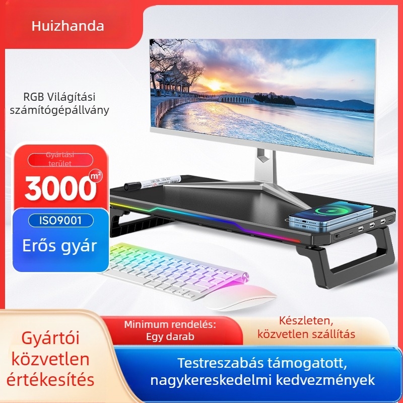 BT109 monitorállvány USB-C HUB-kal és vezeték nélküli töltéssel, kétszintű magasságállítás, ergonómikus asztali laptop-tartó