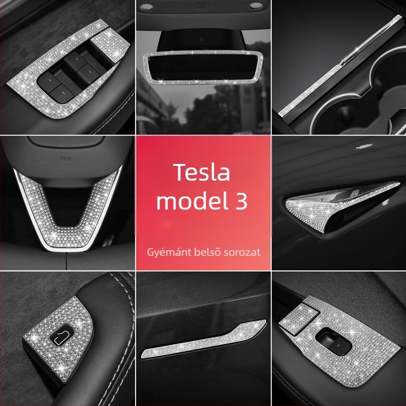 Yarisland Tesla belső gyémánt matrica középkonzol pohártartó és ablakpanelhez – cink ötvözet + strasszkövek, testreszabható, kompatibil Model 3, Model X és Model S