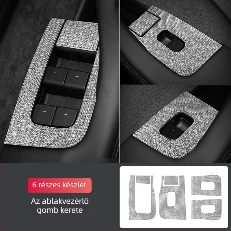 Yarisland Tesla belső gyémánt matrica középkonzol pohártartó és ablakpanelhez – cink ötvözet + strasszkövek, testreszabható, kompatibil Model 3, Model X és Model S