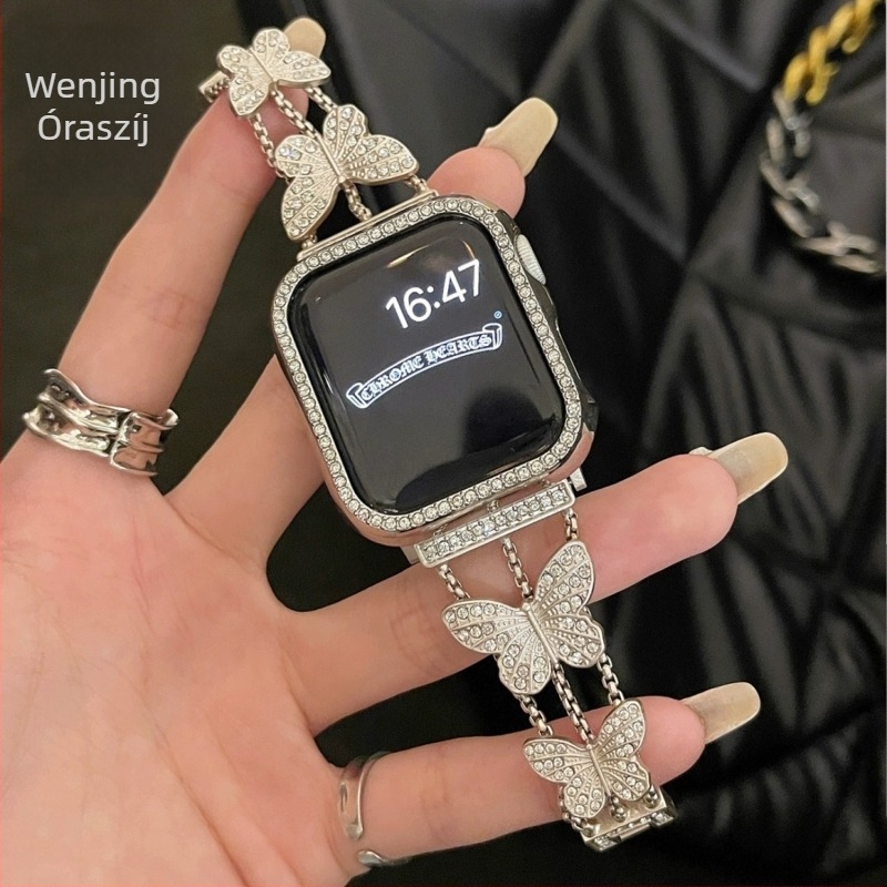 Wenjing fém pillangólánc Diamond szíj Apple Watch Series 7/8-hoz, Chanel-stílusú háromláncos dizájn