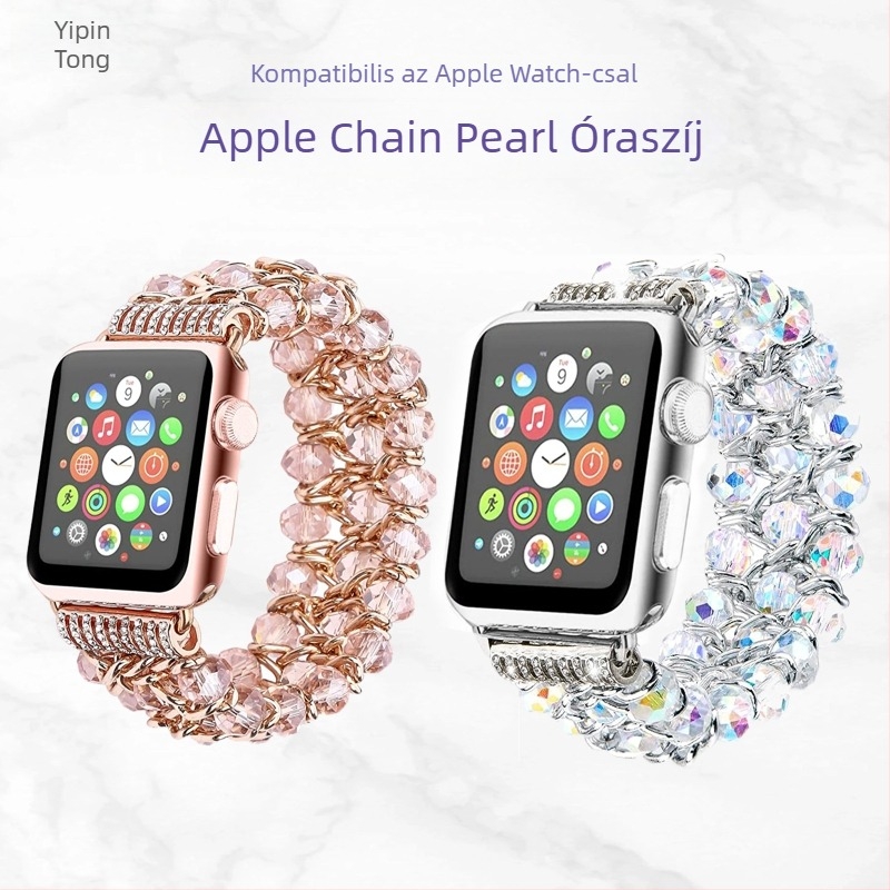 Gyöngyökkel díszített rozsdamentes acél láncszíj Apple Watchhoz, 22 mm