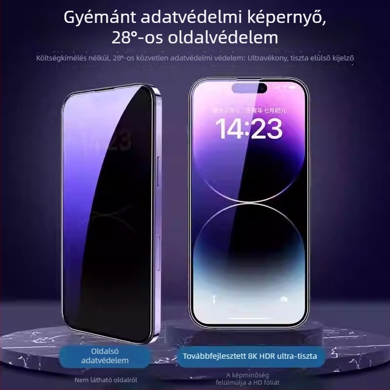 iPhone 14 Pro Maxhez: Lila fényű szemvédő edzett üveg – teljes képernyős adatvédelmi képernyővédő