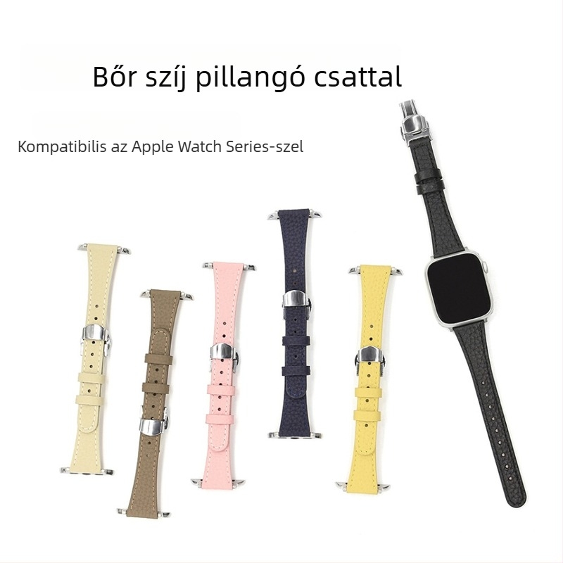 Vékony bőrszíj pillangó záróval, Apple Watch S11/SE-hez, valódi bőr pebble-textúrával, 18 mm csatlakozó