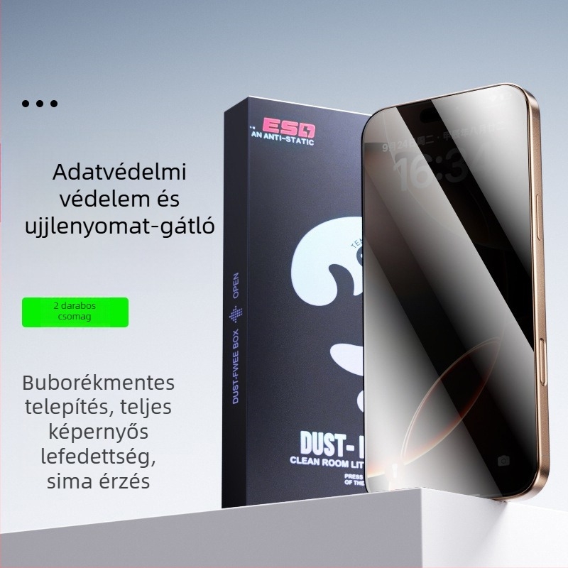 Edzett üveg kijelzővédő iPhone 14 Pro Max-hoz, anti-peep védelem, teljes képernyő, porálló