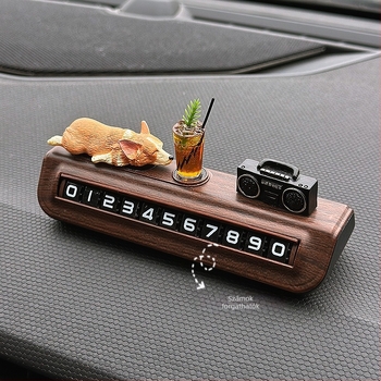 Autós telefontartó aranyos Corgi dizájnnal, prémium fa textúra, ideiglenes parkolási szám tábla, rejtett típus