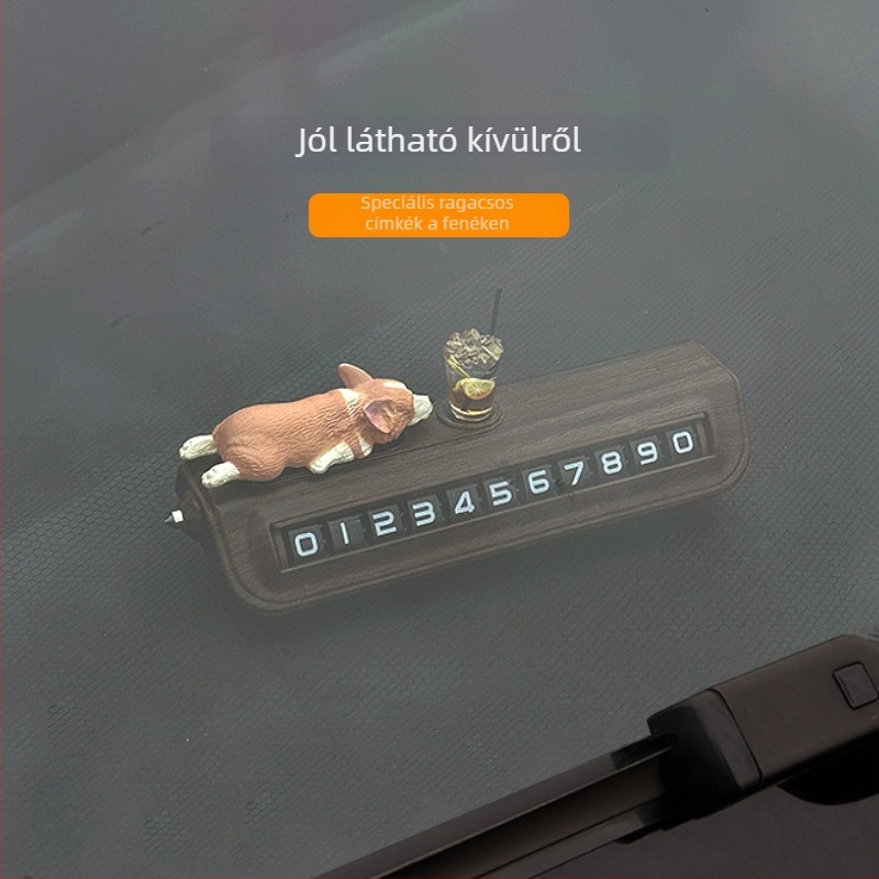 Autós telefontartó aranyos Corgi dizájnnal, prémium fa textúra, ideiglenes parkolási szám tábla, rejtett típus