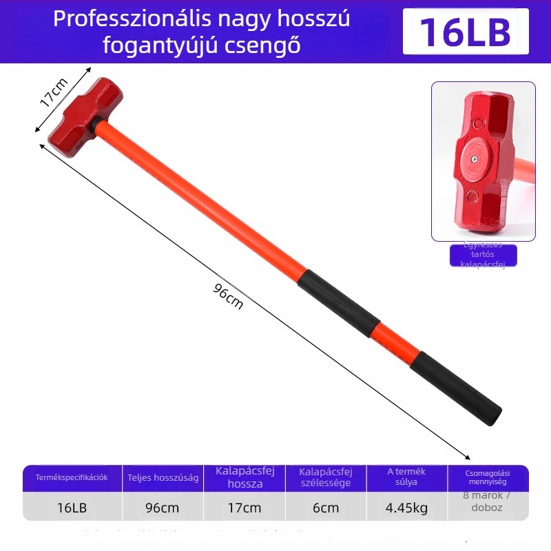 Sokkbiztos nyolcszögletű kalapács, fej 45-ös acélból, műanyag markolattal, nettó súly 2,64 kg