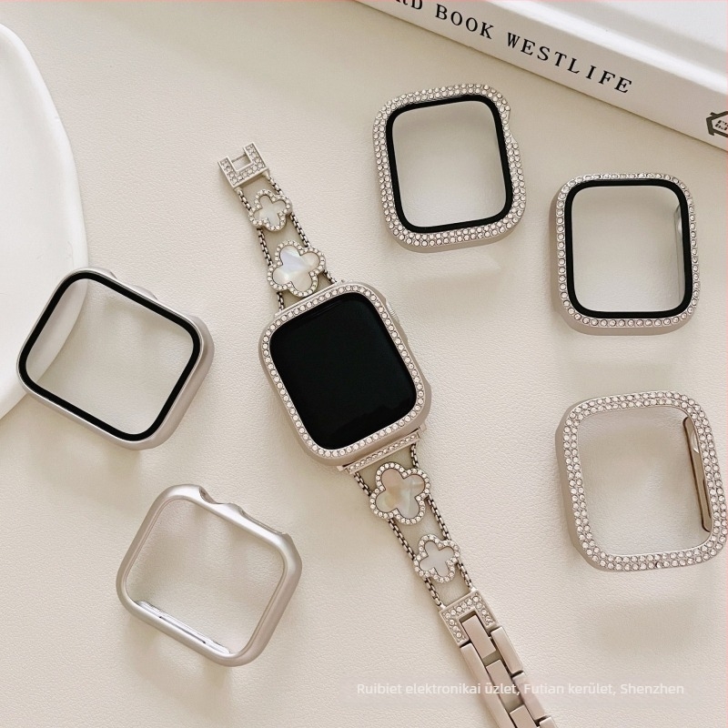 Gyémánttal díszített védőtok Apple Watchhoz, Starlight színben, teljes lefedés Series 9/8 és SE (iWatch 10. generáció)