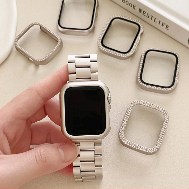 Gyémánttal díszített védőtok Apple Watchhoz, Starlight színben, teljes lefedés Series 9/8 és SE (iWatch 10. generáció)