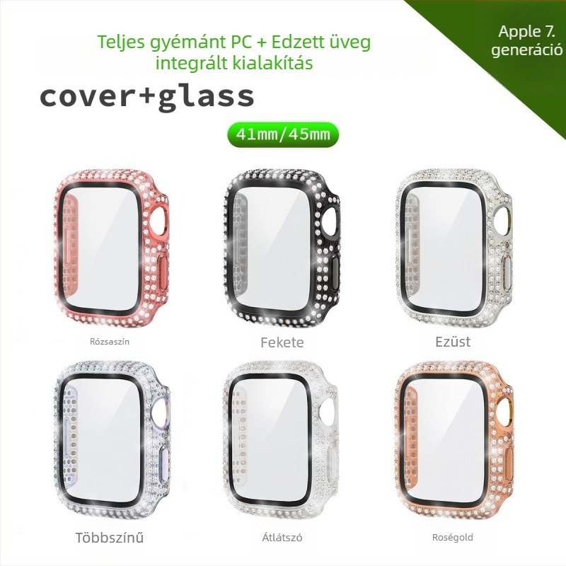 Apple Watch Series 10-hez gyémántos tok, PC anyagból, edzett fóliával, teljes lefedés