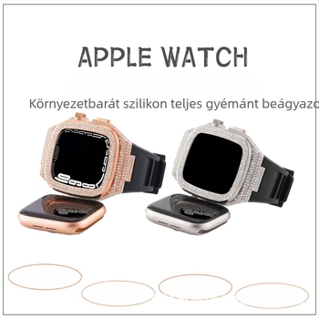 Gyémánt-díszítésű Apple Watch védőtok; ötvözet test és szilikon szíj; kompatibilis Series 7/8 és SE; súlya 65 g.
