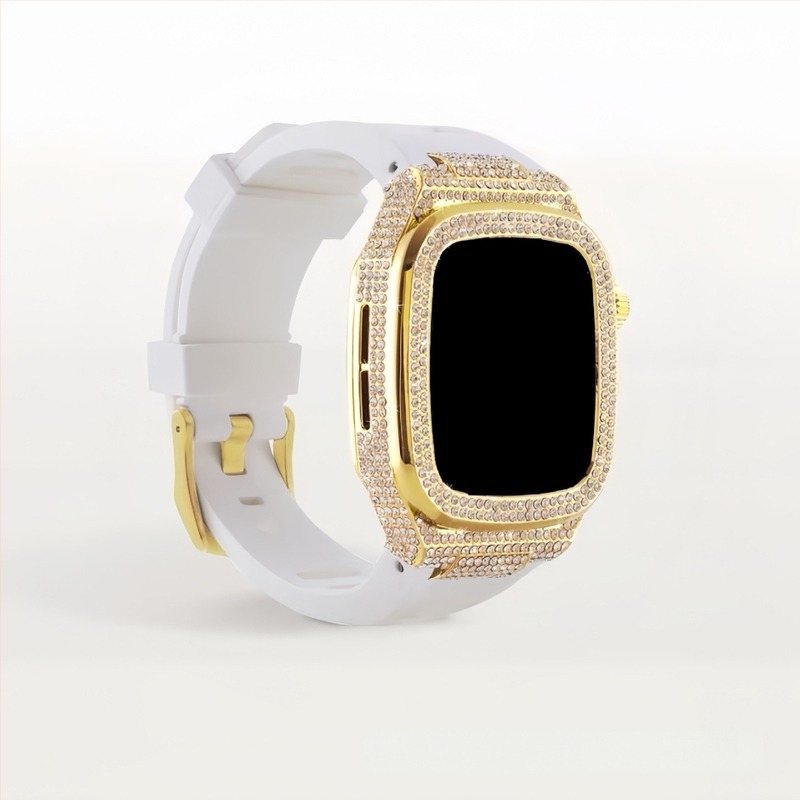 Gyémánt-díszítésű Apple Watch védőtok; ötvözet test és szilikon szíj; kompatibilis Series 7/8 és SE; súlya 65 g.