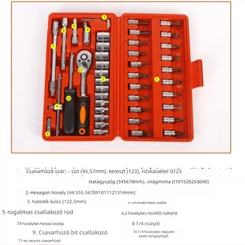 46–53 darabos autójavító készlet csavarhúzók és csatlakozók, szénacélból, mechanikai és háztartási javításokra