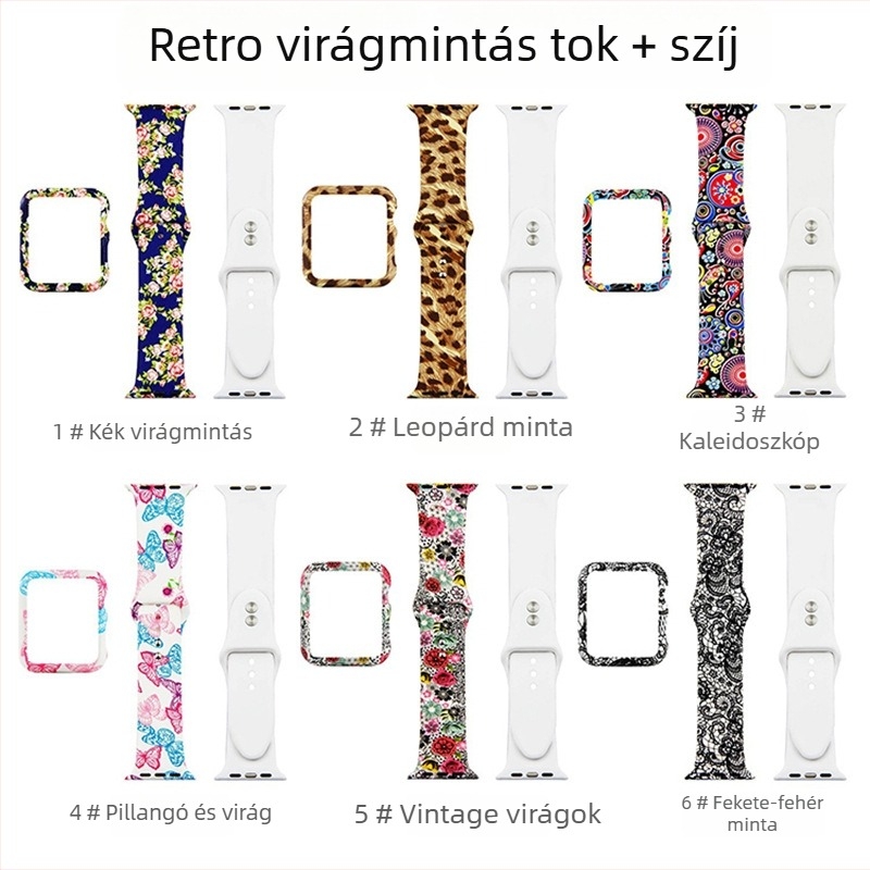 Apple Watch védőtok Leopárd mintázatú csipkés virággal – Szilikon+PC, 22 mm egyenes csatlakozó, szilikon szíj, kompatibilis 135792