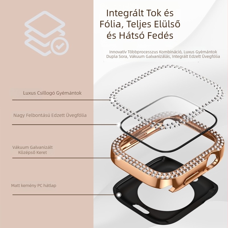 Apple Watch gyémánt-díszített tok beépített képernyővédővel, 360° teljes lefedettség, edzett üveg
