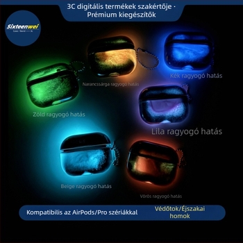 AirPods Pro tok fénylő gyorshomok dizájnnal, univerzális illeszkedés AirPods 1–4 és Pro sorozatokhoz; Anyag: polikarbonát; Gyártás: injekciós öntés; Kompatibilis: AirPods 1–4, AirPods Pro/Pro2/Pro3