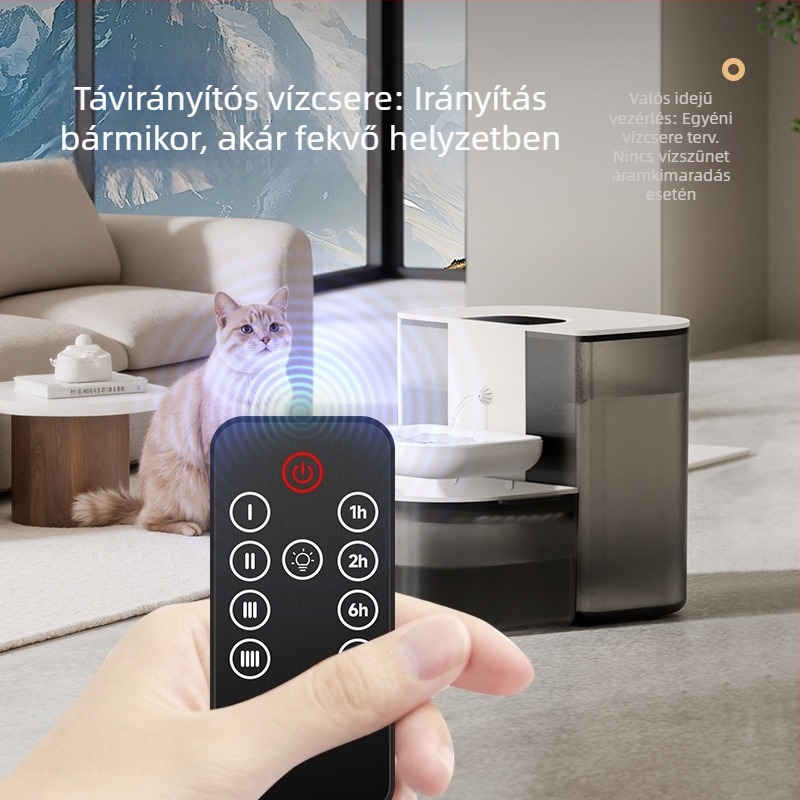 Háziállatok számára készült vízellátó berendezés szennyeződések szétválasztásával, automatikus keringéssel, állandó hőmérsékletű fűtéssel, távirányítású vízcsere és intelligens vízadagoló