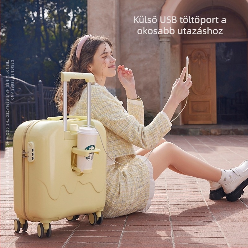 Kabinbőrönd pohártartóval és USB töltéssel, ABS+PC, ultra könnyű, 2,5 kg, anime mintás, bővíthető, univerzális kerekekkel