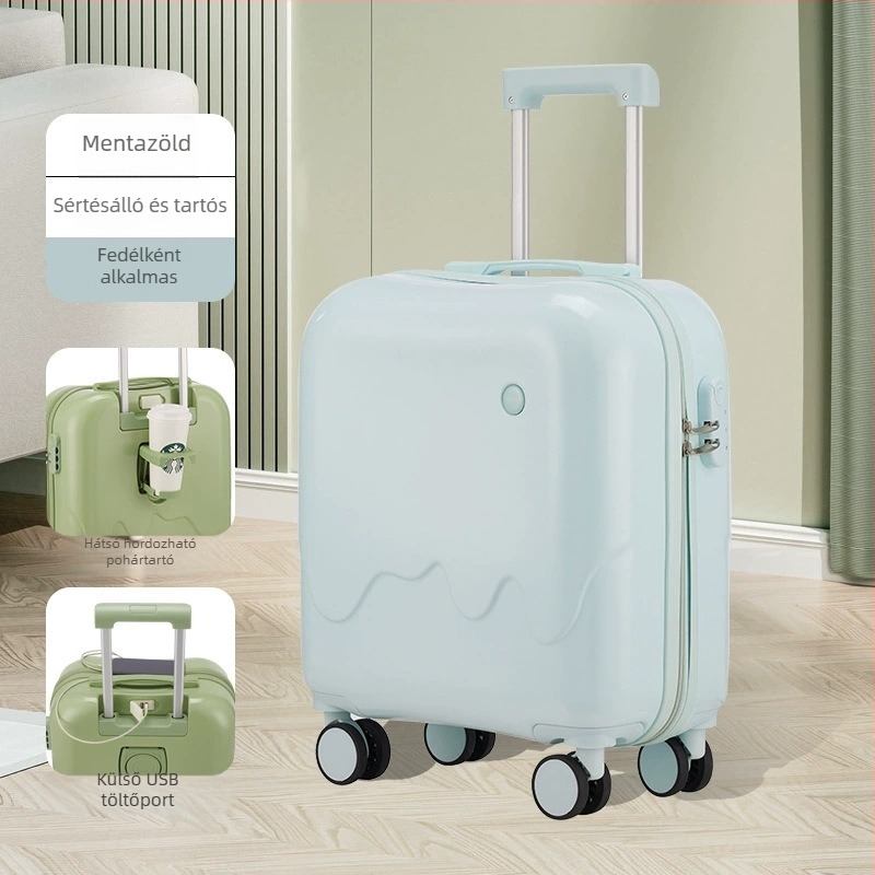 Kabinbőrönd pohártartóval és USB töltéssel, ABS+PC, ultra könnyű, 2,5 kg, anime mintás, bővíthető, univerzális kerekekkel