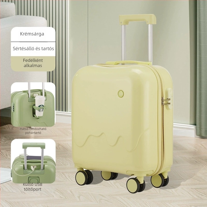 Kabinbőrönd pohártartóval és USB töltéssel, ABS+PC, ultra könnyű, 2,5 kg, anime mintás, bővíthető, univerzális kerekekkel