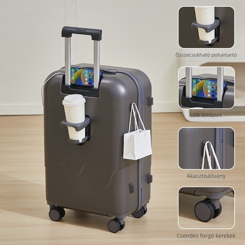 Kabinbőrönd pohártartóval és USB töltéssel, ABS+PC, ultra könnyű, 2,5 kg, anime mintás, bővíthető, univerzális kerekekkel