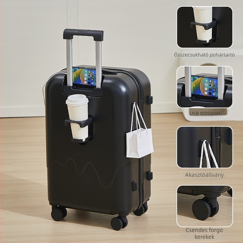 Kabinbőrönd pohártartóval és USB töltéssel, ABS+PC, ultra könnyű, 2,5 kg, anime mintás, bővíthető, univerzális kerekekkel