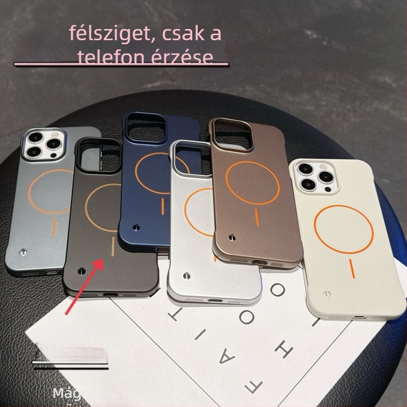 iPhone 11–17 Pro/Max keret nélküli védőtok, félfedő, minimalist stílus, mágneses rögzítés, spray festék felület, PC anyag, ütésálló védelem, testreszabható