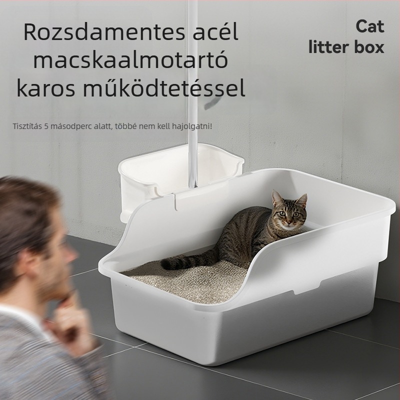 Emelőmechanizmusú rozsdamentes acél macskaalomtál, fröccsenés elleni, extra nagy, félig zárt, kanállal a macskaalomhoz