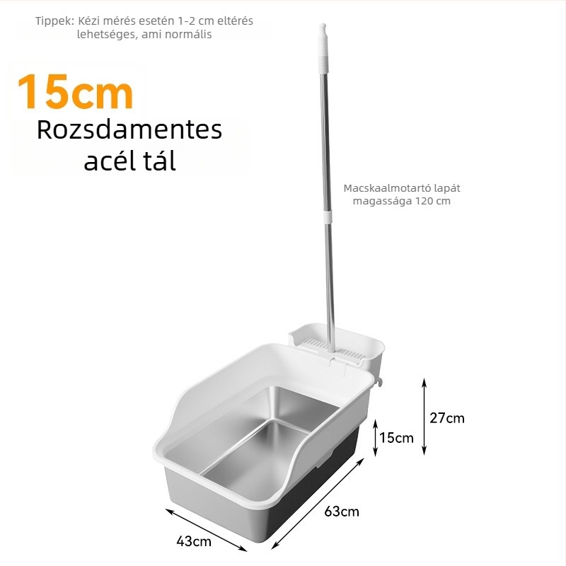 Emelőmechanizmusú rozsdamentes acél macskaalomtál, fröccsenés elleni, extra nagy, félig zárt, kanállal a macskaalomhoz