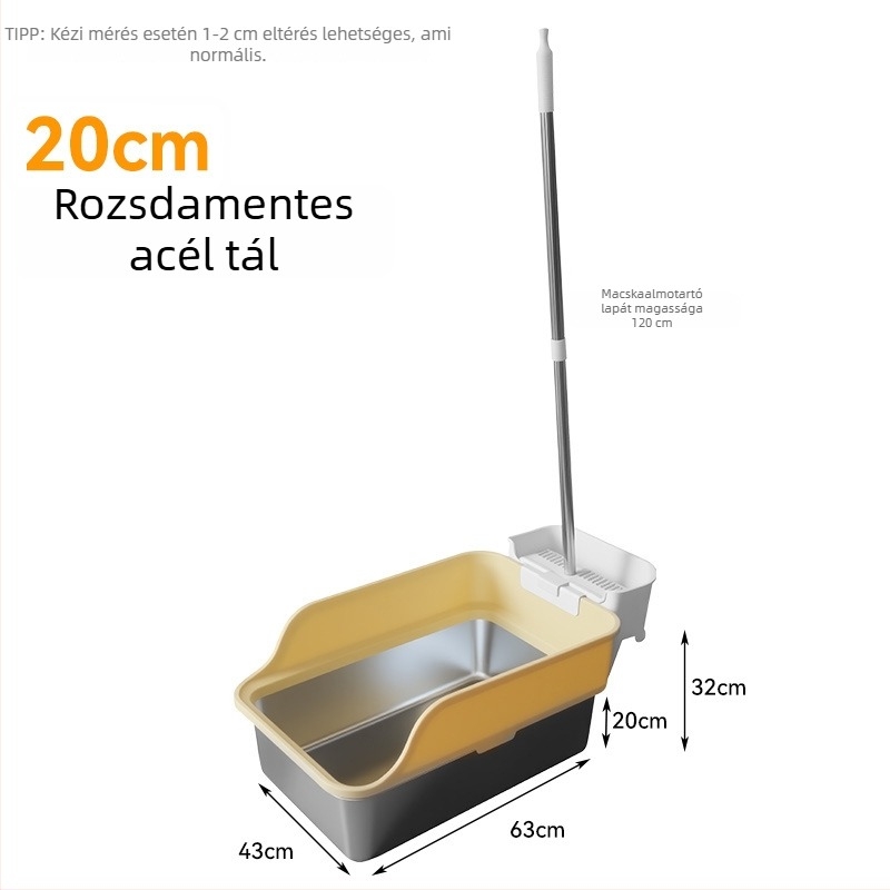 Emelőmechanizmusú rozsdamentes acél macskaalomtál, fröccsenés elleni, extra nagy, félig zárt, kanállal a macskaalomhoz