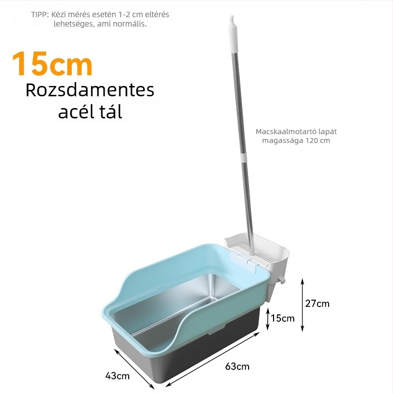 Emelőmechanizmusú rozsdamentes acél macskaalomtál, fröccsenés elleni, extra nagy, félig zárt, kanállal a macskaalomhoz
