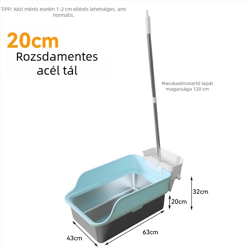 Emelőmechanizmusú rozsdamentes acél macskaalomtál, fröccsenés elleni, extra nagy, félig zárt, kanállal a macskaalomhoz