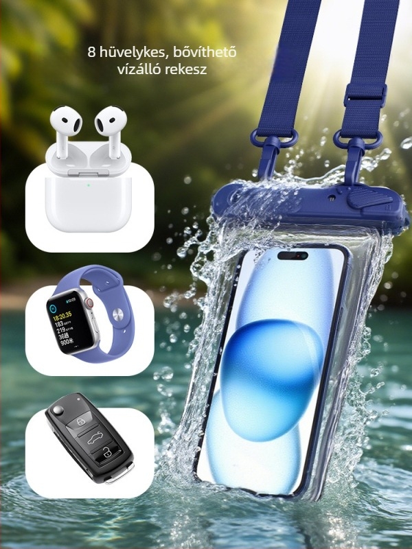 Nagy négyszögletes, kétszintes PVC vízálló telefontáska érintőképernyővel, crossbody vállpánt úszáshoz
