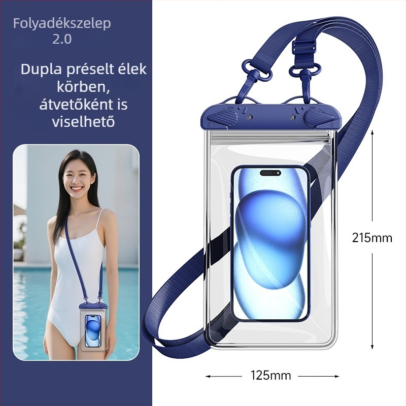Nagy négyszögletes, kétszintes PVC vízálló telefontáska érintőképernyővel, crossbody vállpánt úszáshoz