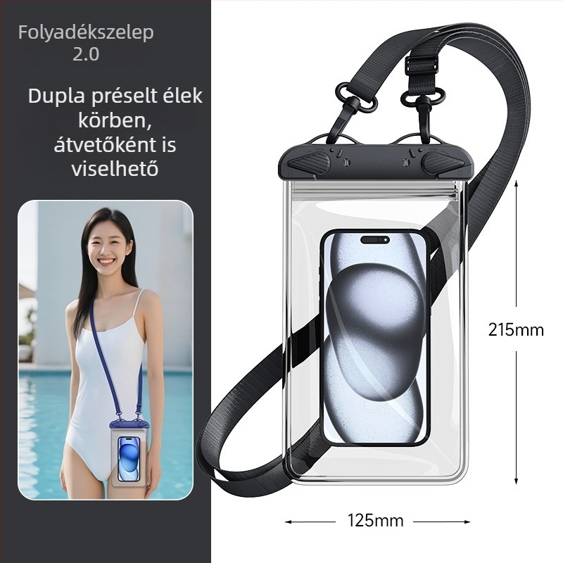 Nagy négyszögletes, kétszintes PVC vízálló telefontáska érintőképernyővel, crossbody vállpánt úszáshoz