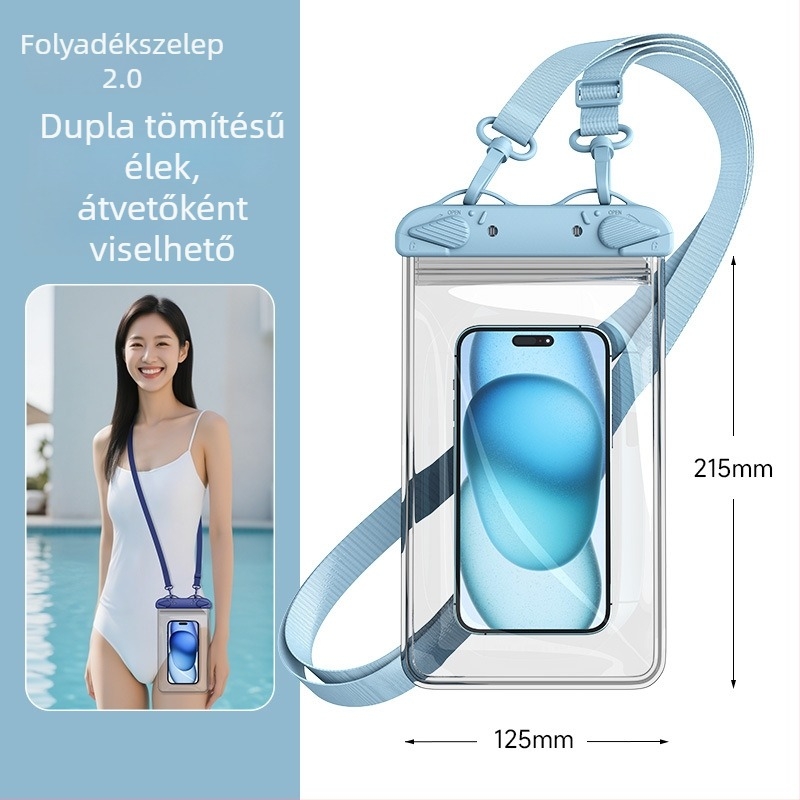 Nagy négyszögletes, kétszintes PVC vízálló telefontáska érintőképernyővel, crossbody vállpánt úszáshoz