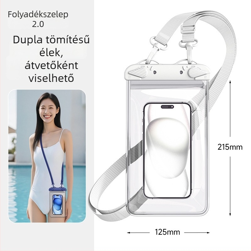 Nagy négyszögletes, kétszintes PVC vízálló telefontáska érintőképernyővel, crossbody vállpánt úszáshoz