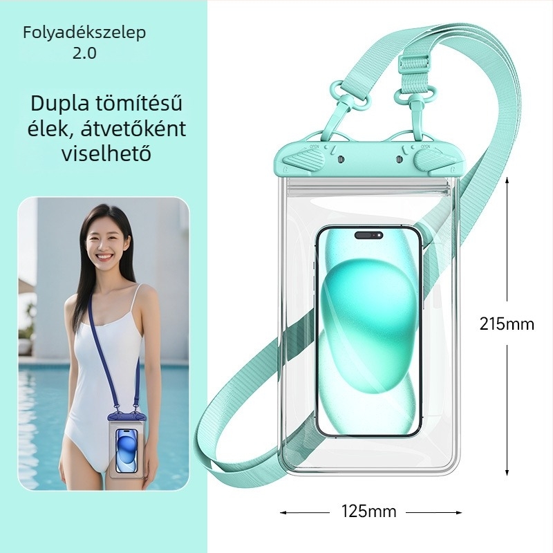 Nagy négyszögletes, kétszintes PVC vízálló telefontáska érintőképernyővel, crossbody vállpánt úszáshoz