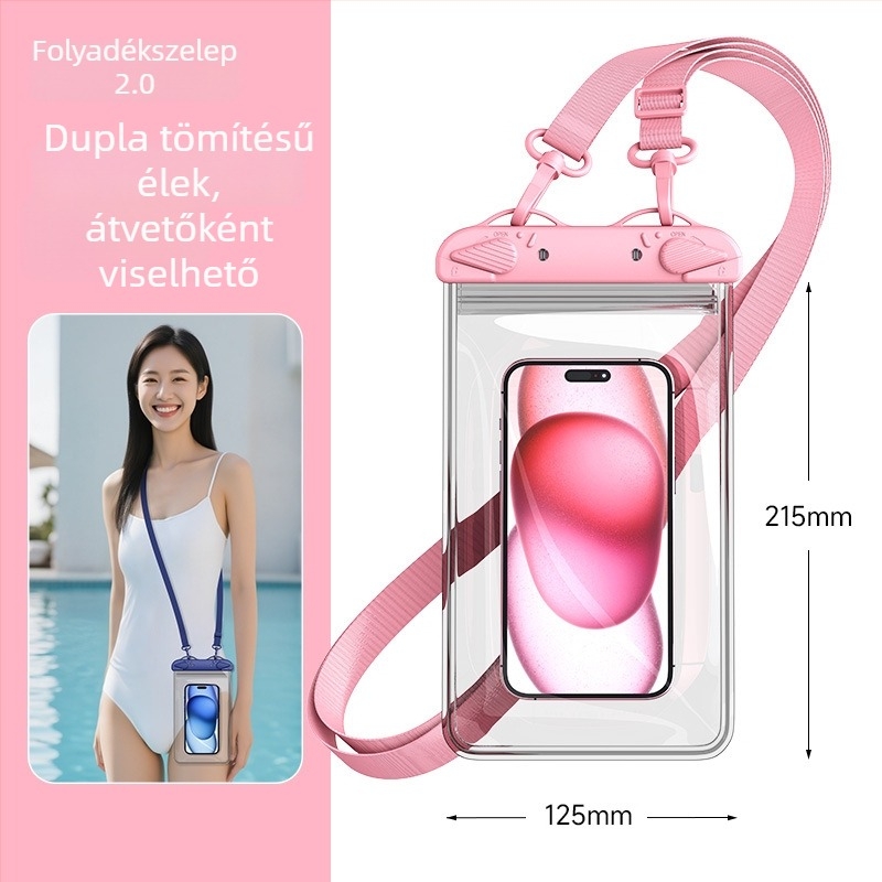 Nagy négyszögletes, kétszintes PVC vízálló telefontáska érintőképernyővel, crossbody vállpánt úszáshoz