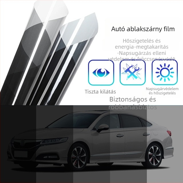 Autóablak fólia, PET hőszigetelő fólia, fényáteresztés 5–80%, hőszigetelés 40–90%, UV védelem 60–99%, vastagság 2 mil