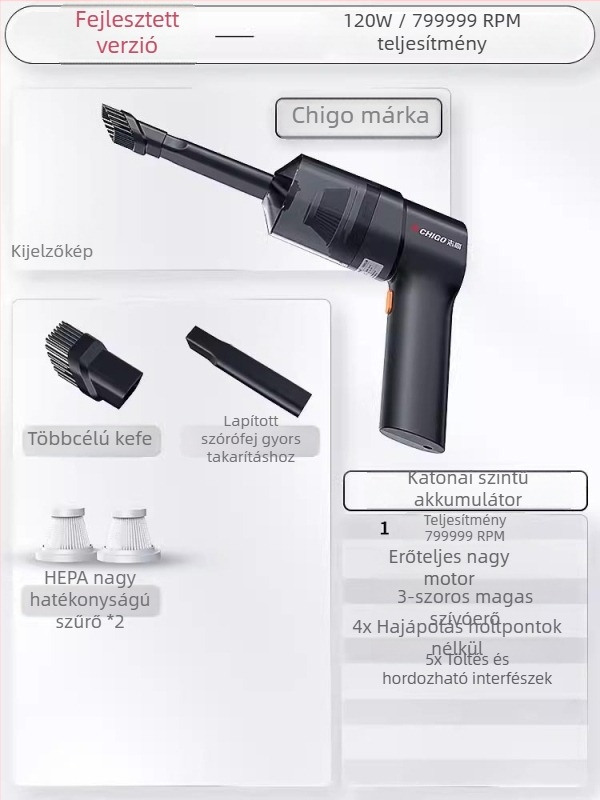 Chigo kézi autó‑porszívó, vezeték nélküli, 120W, 4500Pa, újratölthető