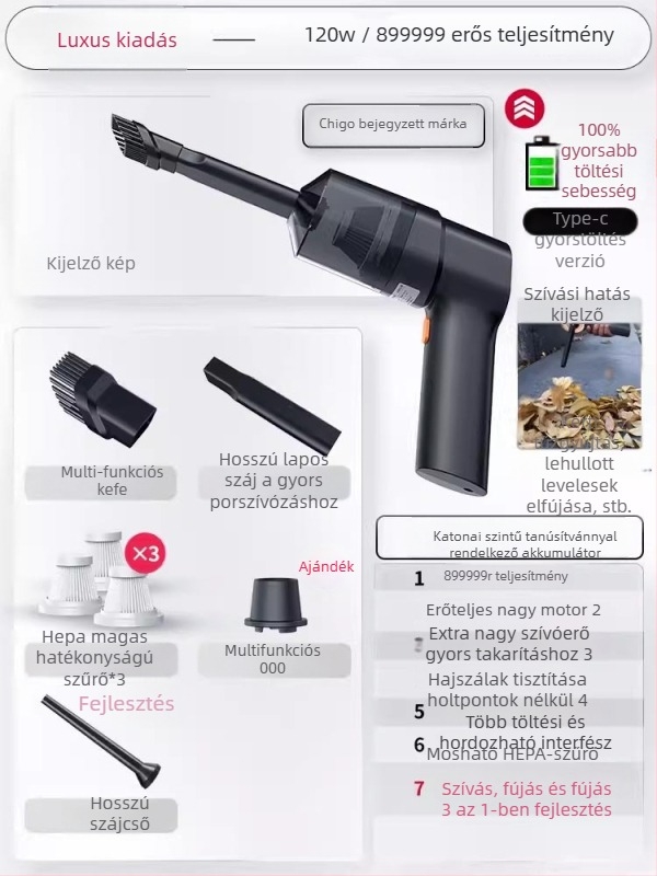 Chigo kézi autó‑porszívó, vezeték nélküli, 120W, 4500Pa, újratölthető