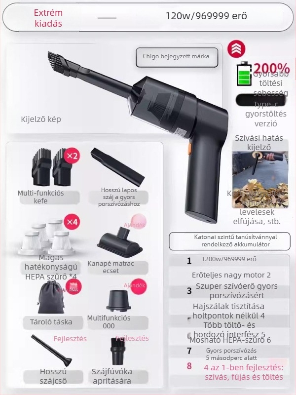 Chigo kézi autó‑porszívó, vezeték nélküli, 120W, 4500Pa, újratölthető