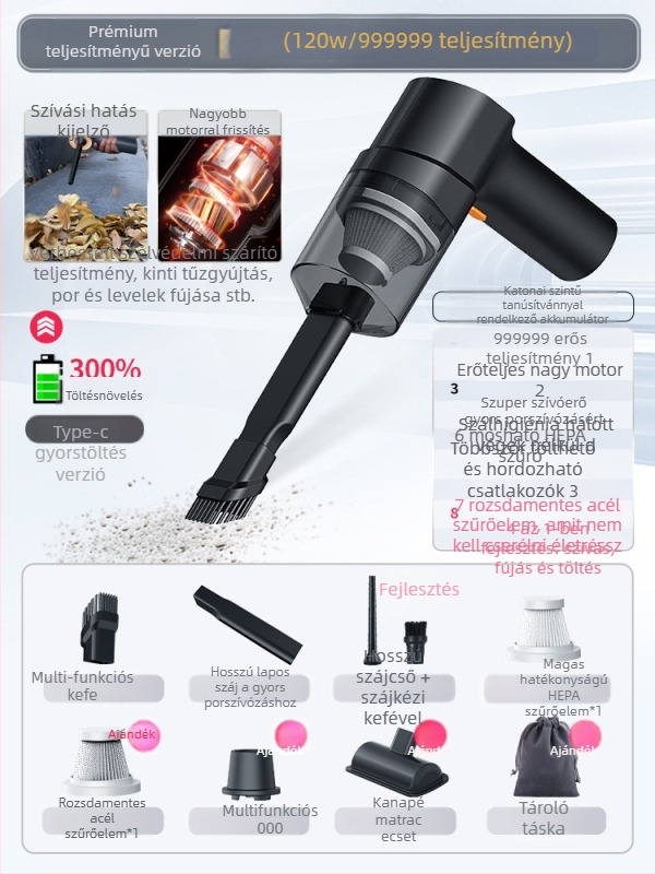 Chigo kézi autó‑porszívó, vezeték nélküli, 120W, 4500Pa, újratölthető