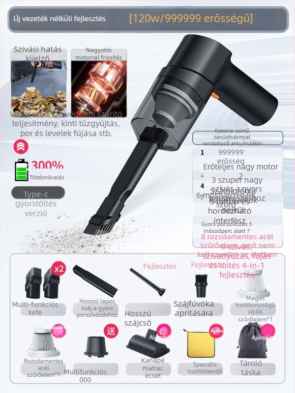 Chigo kézi autó‑porszívó, vezeték nélküli, 120W, 4500Pa, újratölthető