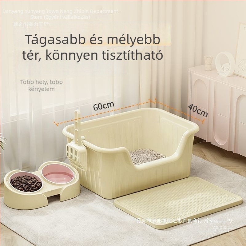 Megemelt és vastag macskaalomtál macskáknak és kutyáknak, anti-spritz kialakítású, egy darabból álló konstrukció, megnövelt és mélyebb nyitott vécé