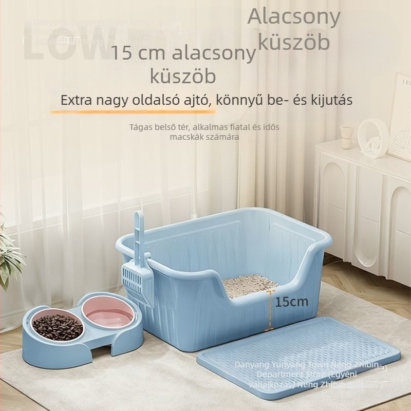 Megemelt és vastag macskaalomtál macskáknak és kutyáknak, anti-spritz kialakítású, egy darabból álló konstrukció, megnövelt és mélyebb nyitott vécé