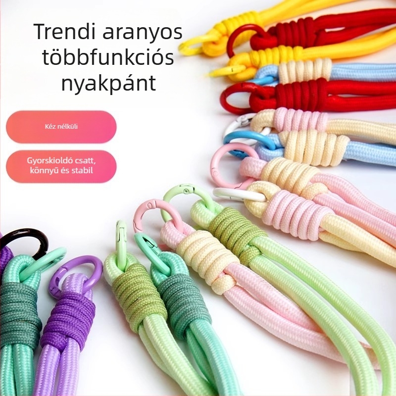 Mobiltelefon nyakpánt - kézzel készített, dupla véggel, poliészter zsinór, fém csat, testre szabható