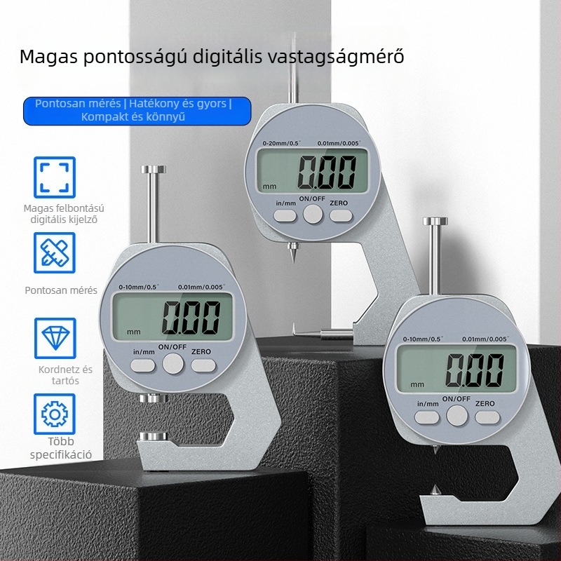 Digitális vastagságmérő, elektronikus vastagságmérő, mini tolómérő, sík vég, hegyes vég és ívelt vég, mérési tartományok 0-10 mm és 0-20 mm, Cassiolo