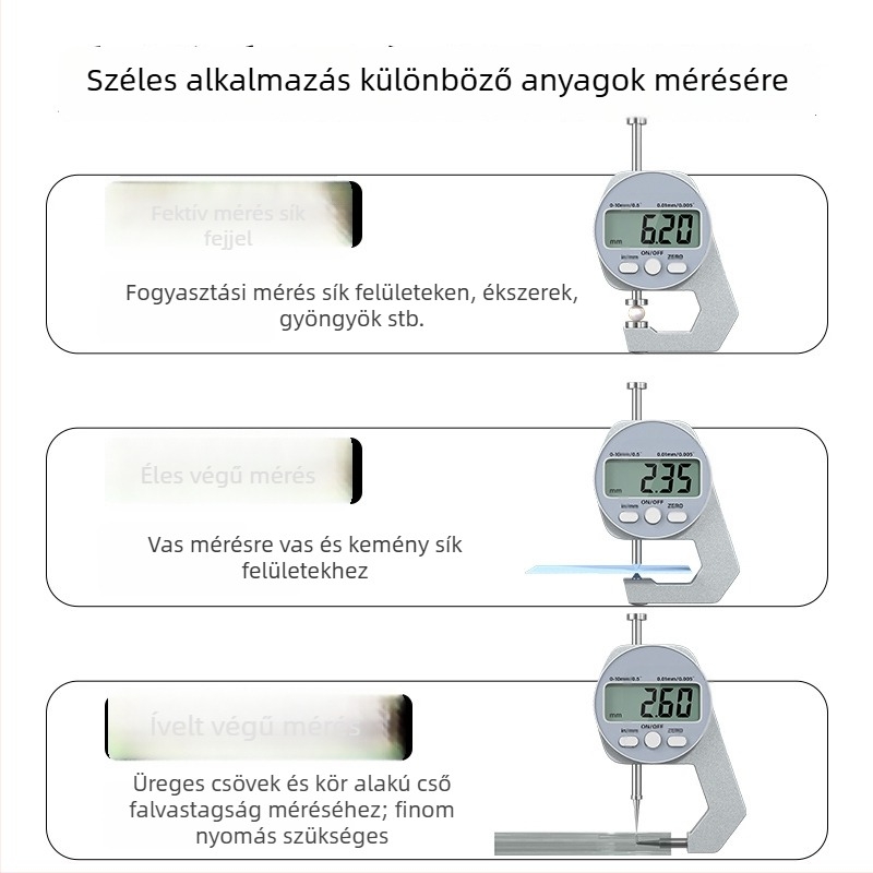 Digitális vastagságmérő, elektronikus vastagságmérő, mini tolómérő, sík vég, hegyes vég és ívelt vég, mérési tartományok 0-10 mm és 0-20 mm, Cassiolo